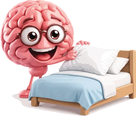 Get Things Done App — BrainWin mascot recharging with early sleep, tomorrow's quests waiting