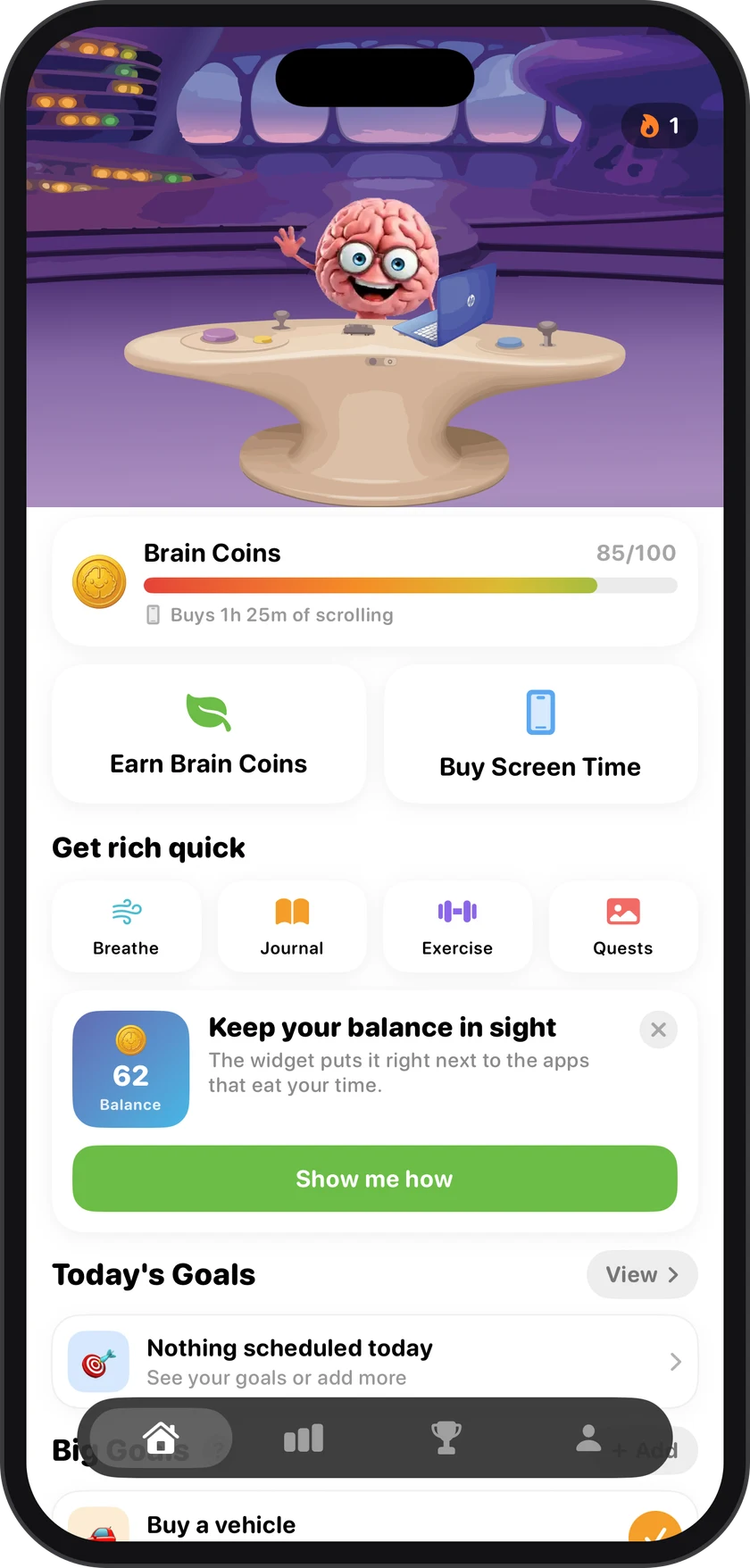 BrainWin gamified app blocker dashboard with the brain mascot, a brain coins balance of 85 buying 1h 25m of scrolling, and shortcuts to earn coins or buy screen time