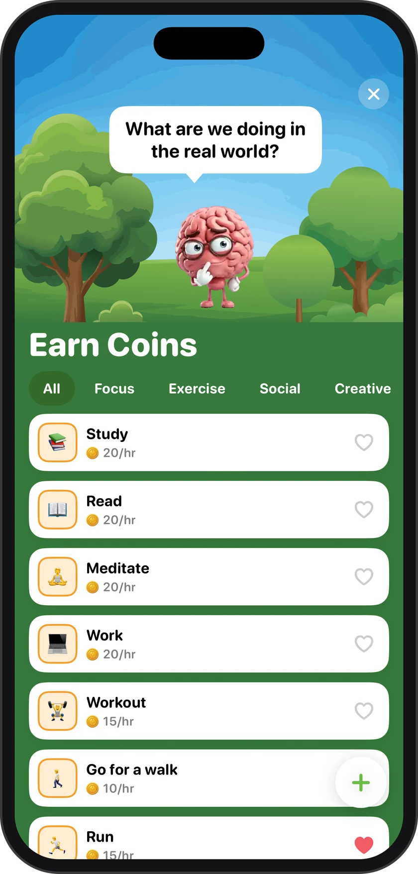 BrainWin Earn Coins screen listing real-life tasks like studying, reading, meditating and walking, each earning coins per hour toward unlocking blocked apps